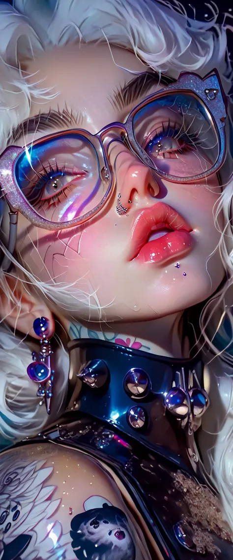 ((centered image,   a close up of a beautiful woman with exaggerated features caricaturized in the kawaii style   :1.52,    thick and plump lips with kissable glitter   ,    large with glitter and reflections   ,    false eyelashes and long eyes   :1.5 ,  ...