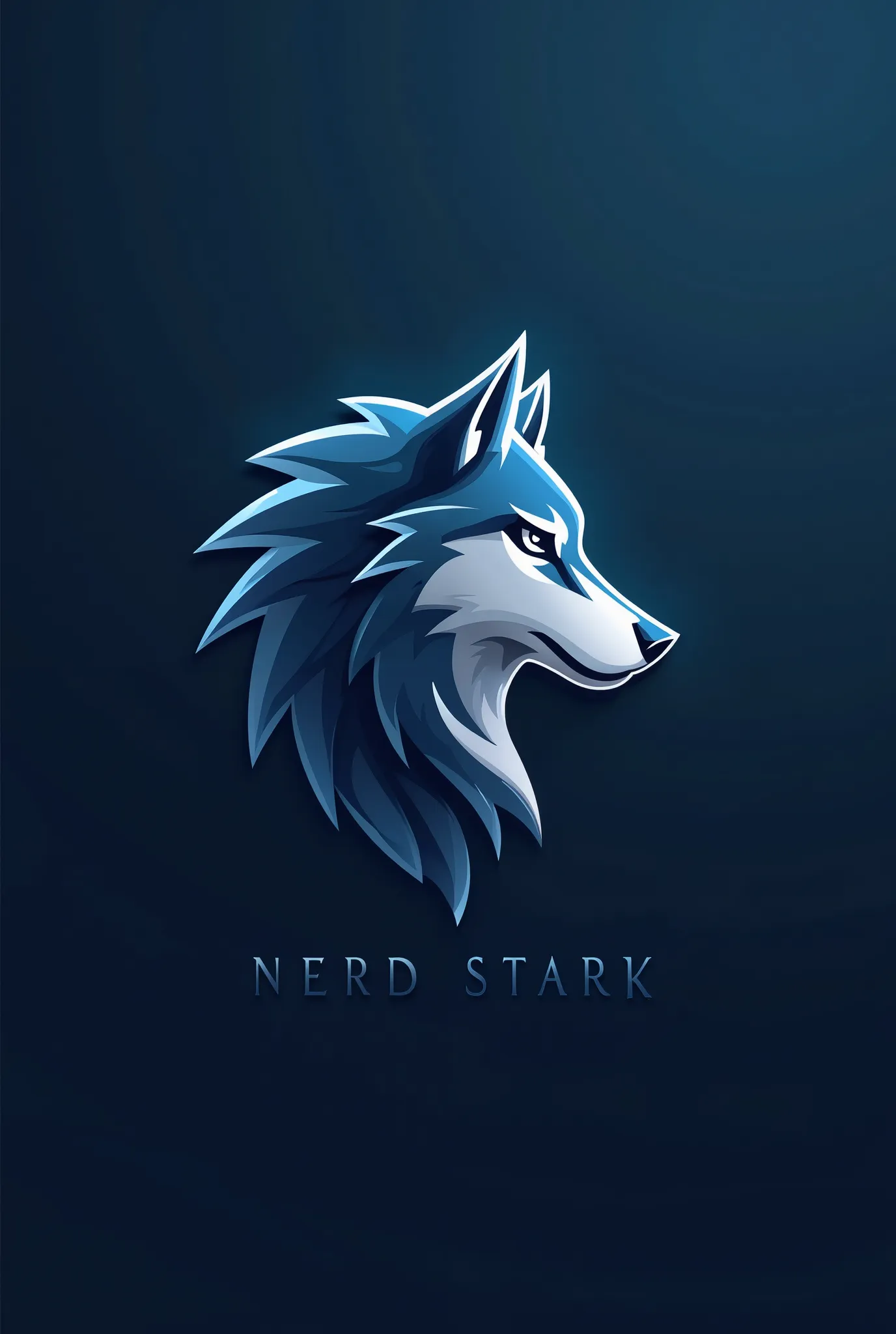 Create a logo that features a side wolf, A vector-style logo, With the name Nerd Stark,  in the colors blue and silver