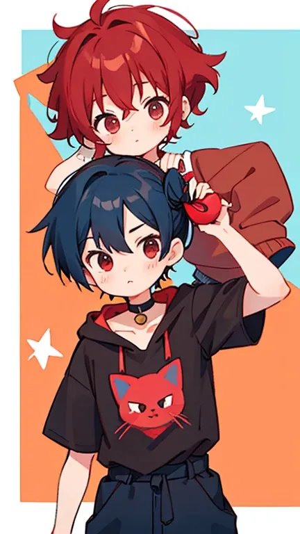 cute design, ,Alu hair up to the waist,Red wine red hair so red strawsﾄA black short-sleeved jacket with hair up to the waist, a girl in brown and black horizontal T-shirts, and a boy with short short hair and blue hair　 red eyes　 black hoodie 　A cat bell ...