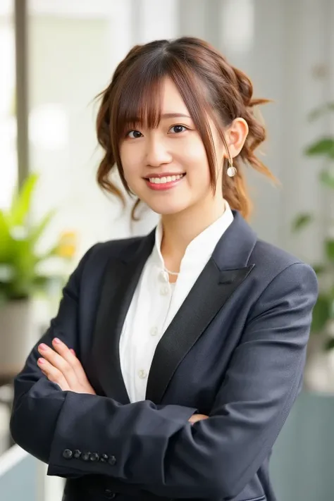 A confident woman standing with her arms crossed, wearing a stylish business suit. She has a warm smile, short wavy brown hair, and a professional appearance. The background is a soft, blurred office setting with natural lighting. The art style is semi-rea...