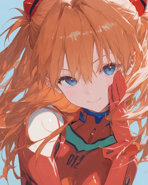  top quality,     Masterpiece,     8k Wallpaper、  、     high detail on the face、 latest,                 female 1 person、       Soryu Asuka Langley   、     orange hair、     blue eyes、     red plug suit、  light blue background 、 cute background 、   smile、 b...