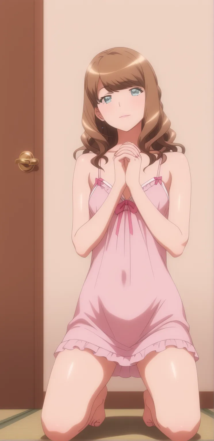 ayami (ayami)  :  naked showing her pussy with pubic hair,nightgown,  sleeveless ,  underwear , In front of the bedroom door of brother  .TREX Studio ,,
 anime screenshot,  anime coloring ,,. With her hands together behind .  Kneeling on the floor ordering...