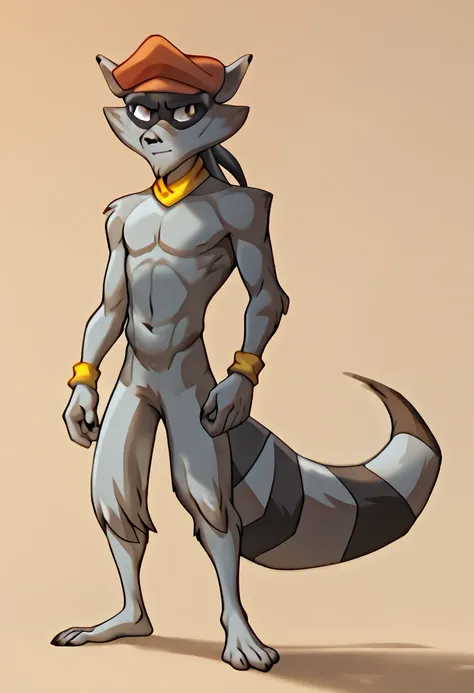 score_9, score_8_up, score_7_up, Sly Cooper, raccoon boy, brown eyes, 1boy, solo, naked, nude, barefoot, furry, standing, facing viewer, full body