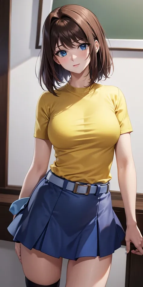   1 female,  high definition,  High resolution ,    ultra-realistic    ,8K, aamazaki, ( capillary antenna :1.2),  blue tie,blue eyes,falda rosa,((  miniskirt)),((  yellow shirt)),  belt,European,sexy,  close up of the upper body  ,  photographed from the f...