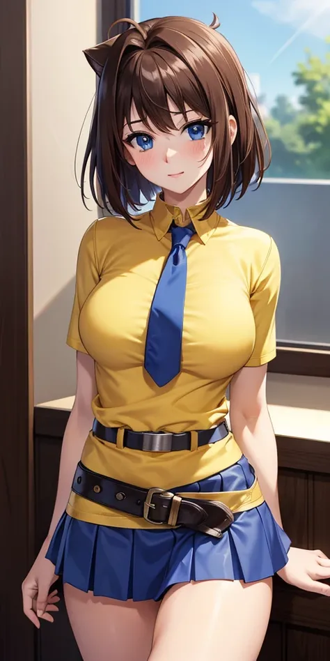   1 female,  high definition,  High resolution ,    ultra-realistic    ,8K, aamazaki, ( capillary antenna :1.2),  blue tie,blue eyes,falda rosa,((  miniskirt)),((  yellow shirt)),  belt,European,sexy,  close up of the upper body  ,  photographed from the f...