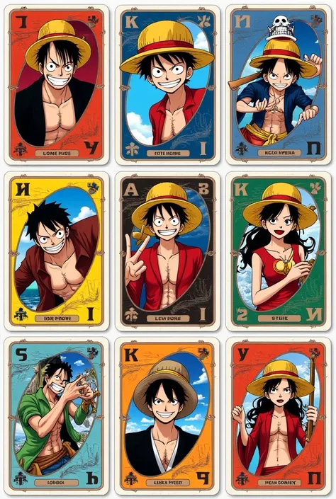 I want you to create a photo of Uno cards for me,  the numbers ranging from 1 to 9 inspiring manga or manga,Like one piece etc.  each photo a Uno card , Please .  Well frame ,  well rectangle .