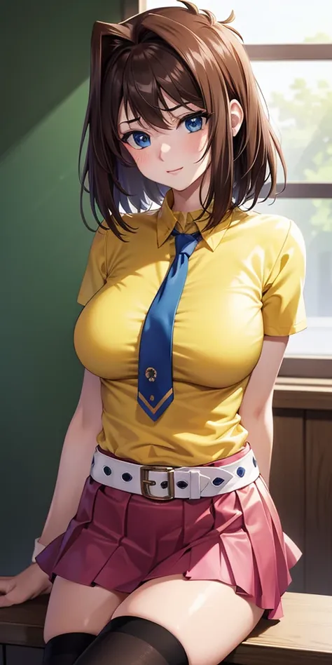   1 female,  high definition,  High resolution ,    ultra-realistic    ,8K, aamazaki, ( capillary antenna :1.2),  blue tie,blue eyes,falda rosa,((  miniskirt)),((  yellow shirt)),  belt,European,sexy,  close up of the upper body  ,  photographed from the f...