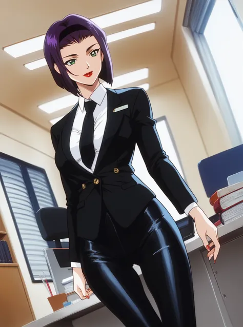 FV, 1girl, solo, purple hair, lipstick, green eyes, medium breasts, slight smile, office lady, office room, indoors, professional light, standing, dutch angle, , red lips, full body, black shirt, necktie, collared shirt, black leather pants, black leather ...