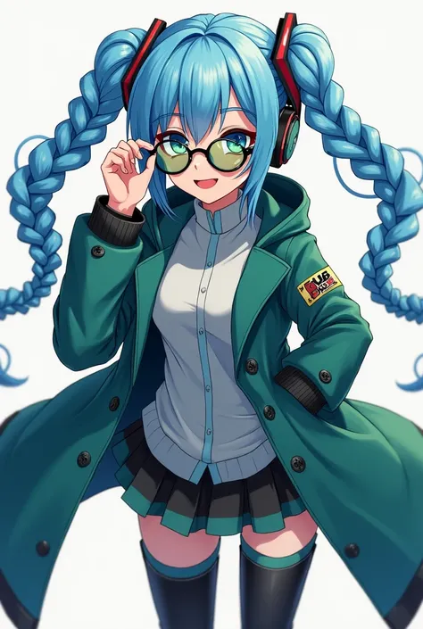 A woman with light blue skin, blue hair headphones with 2 BIG braids, black eyes, a cyclist-style eyeglass with the color blue and green(degrade), short and flashy clothes , a large coat that reaches the knee ,green ,big black boots.Smiling and outgoing ,a...