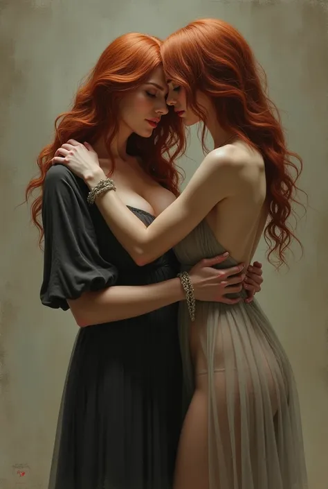  hanging breasts ,  redhead, floor-length hair,  transparent dress ,  hands tied,  passionate kiss 