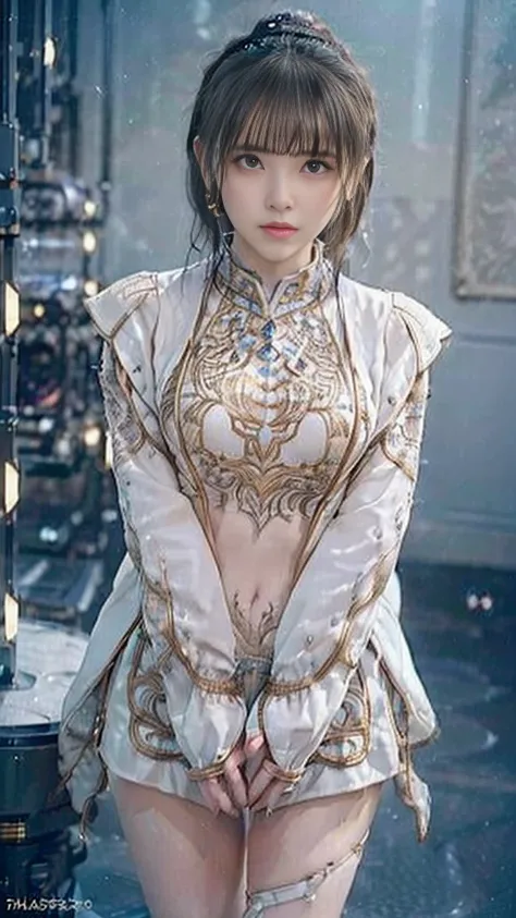 NSFW,((top-quality、8K、tmasterpiece:1.3))，(Shoot from the thigh upwards:1.27)，Girl with delicate face，navel，The highest image quality，ultraclear，The facial features are delicate and clear，machine arm，exquisitedetails，(Camel Tou)、Mechanical pattern,cyber pun...