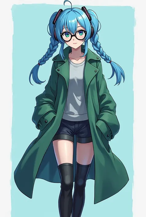 A woman with light blue skin, blue hair headphones with 2 BIG braids, black eyes, a cyclist-style eyeglass with the color blue and green(degrade), short and flashy clothes , a large coat that reaches the knee ,green ,big black boots.Smiling and outgoing .a...