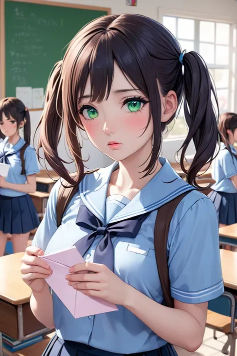 (masterpiece, best quality, 8k, high definition), whole body, 1 woman, pink pigtails, mid-chest, soft green eyes, soft lips, pale skin, beautiful face, wearing a blue schoolgirl uniform, natural light, detailed background, Detailed Illustration Art, shy, s...