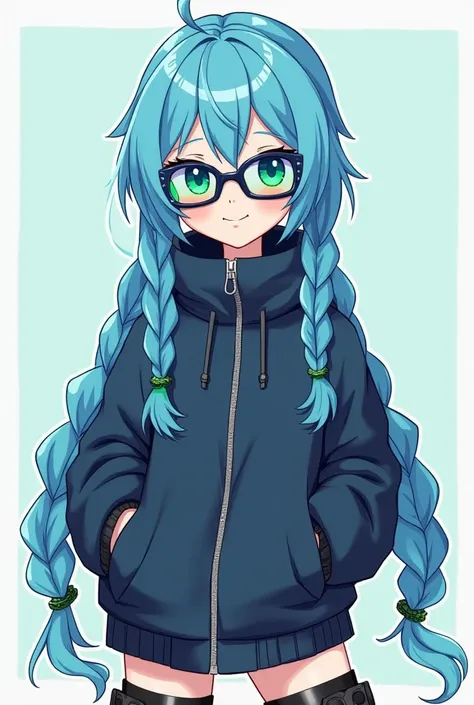 A woman with light blue skin,blue hair with 2 BIG braids, black eyes, cyclist-style glasses with the color blue and green(degrade), short and flashy clothes ,A large dark blue jacket that reaches the knee,green earbuds,big black boots.Smiling and outgoing ...