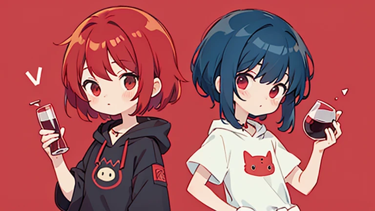 cute design, ,Long hair that goes up to the waist,Red wine red hair so red strawsﾄA black short-sleeved jacket with hair up to the waist, a girl in brown and black horizontal T-shirts, and a boy with short short hair and blue hair　 red eyes　 black hoodie 　...