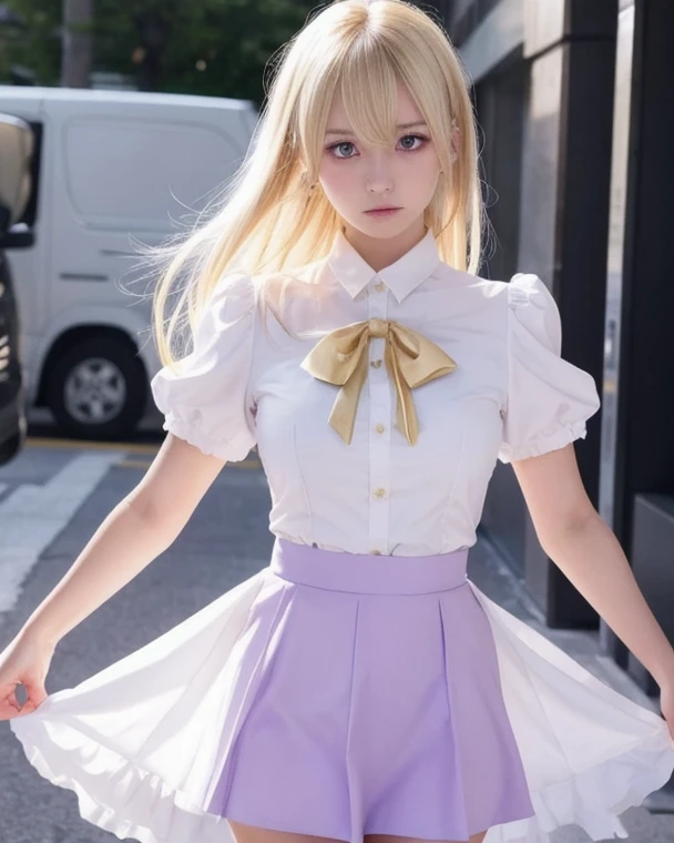 Emilia, 1girl, white_dress, skirt, gold_eagle_on_sleeves, blonde_hair, gradient_hair, purple_eyes, annoyed, puffed_cheeks, angry, large_breаsts, Kawakami_Mai,