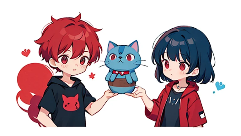 cute design, ,Long hair that goes up to the waist,Red wine red hair so red strawsﾄA black short-sleeved jacket with hair up to the waist, a girl in brown and black horizontal T-shirts, and a boy with short short hair and blue hair　 red eyes　 black hoodie 　...