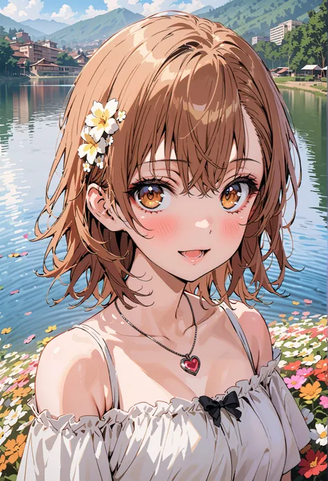 Mikoto and Misaka,  Mikoto raised ,  short hair,  brown hair,  hair ornament ,  Hair Flower,  brown eyes,smile,blush,Open your mouth white off-the-shoulder dress, heart shaped necklace , white long skirt, Heeled Sandals, standing,whole bodyがイラストに入るように,
bre...