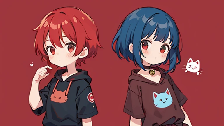 cute design, ,Long hair that goes up to the waist,Red wine red hair so red strawsﾄA black short-sleeved jacket with hair up to the waist, a girl in brown and black horizontal T-shirts, and a boy with short short hair and blue hair　 red eyes　 black hoodie 　...