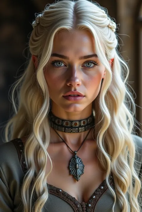  Rhaenyra Targaryen has the typical appearance of the Targaryen House.  Her main physical features include :
	 • Silver and gold hair ,  long and characteristic of the Valirian lineage .
	• Violet eyes ,  a striking trait of the descendants of Valíria .
	 ...