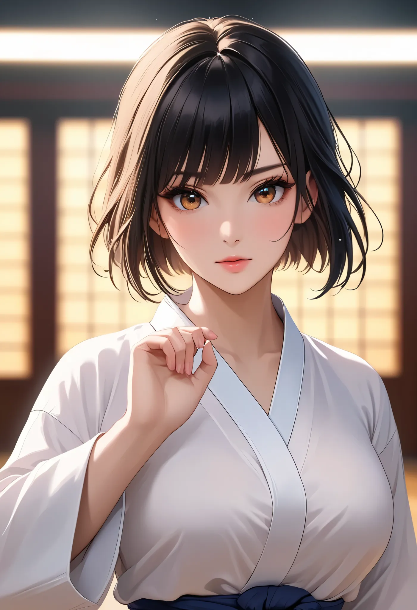 （（ big breasted))、((( front open shirt))、(((Empty-handed)))、(  black hair)、(blunt bangs)、( short hair)、( wet hair)、(Women&#39;s Karate)、(( sweaty))、( Glowing Skin )、((Serious))、(( blanking))、(((Karate Dojo)))、((Delicate Paintings ))，( Masterpiece elaborate...