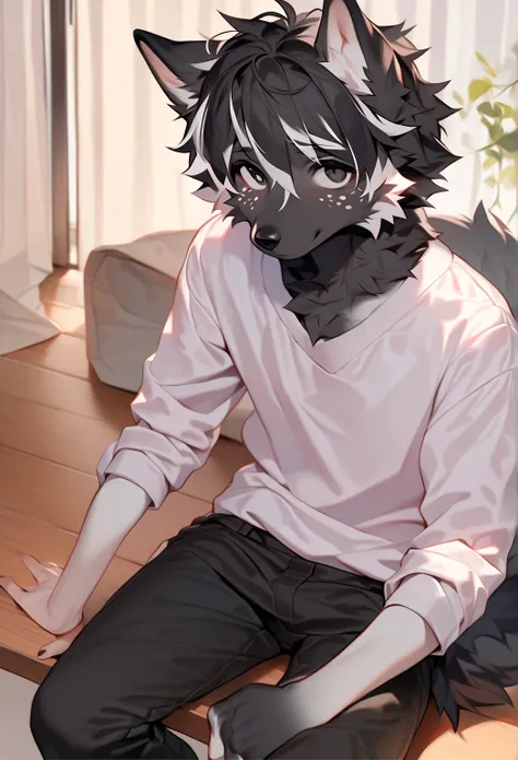 anime,  alone,1 boy, A black wolf with white parts )) and has a black eye and a white eye, bright pastel colors,(Happy naughty guy)),  Masterpiece,  semi-realistic :1.2, high detailed, 8k,  high resolution))) Sitting wearing loose clothing in pastel colors...