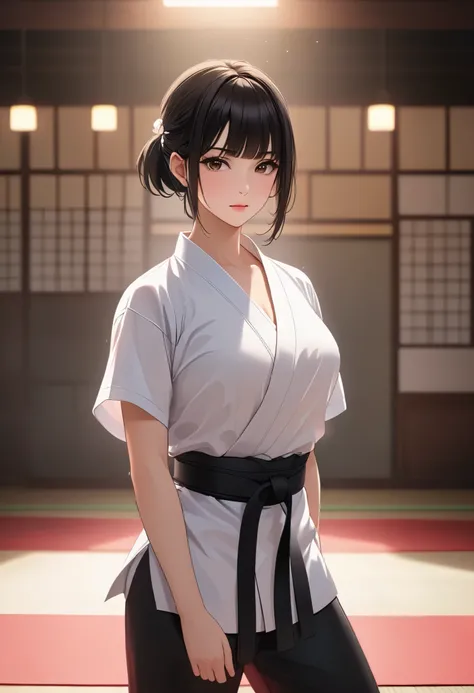 （（ big breasted))、((( front open shirt))、(((Empty-handed)))、(  black hair)、(blunt bangs)、( short hair)、( wet hair)、(Women&#39;s Karate)、(( sweaty))、( Glowing Skin )、((Serious))、(( blanking))、(((Karate Dojo)))、((Delicate Paintings ))，( Masterpiece elaborate...