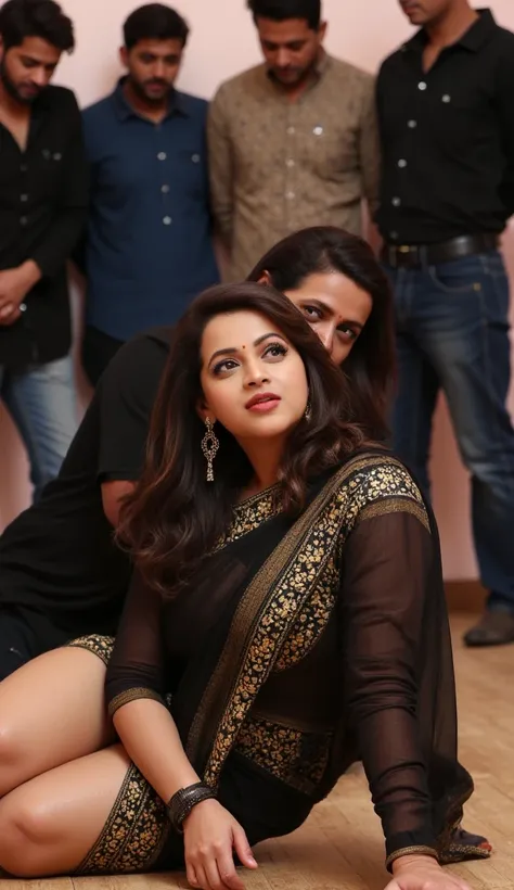 A 25 year old curvy Indian woman wearing a black deep neck blouse and a split short skirt is lying scared on the floor with one hand on her face and the other on her chest and saree raised till her thighs, her thighs and belley button are exposed, cleavage...