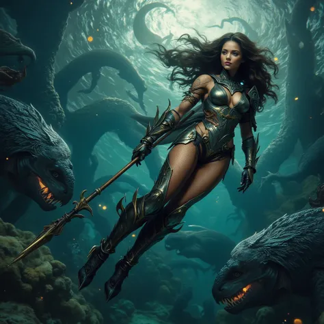 - Main Character, Adult Female "El Salvador", Beautiful, Tall, Long Legs, Long Curly Hair, Brownish Black.

- Wearing a costume ("Full Sexy Armor").
Chest and Thigh Armor are slightly open.
Futuristic Costume Design, Detailed sea creature scales are clearl...