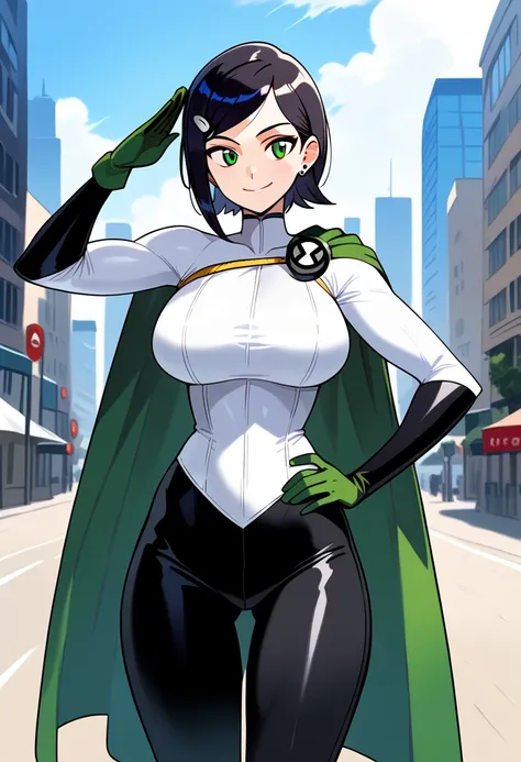 score_9, score_8_up, score_7_up, score_6_up, score_5_up, score_4_up, masterpiece, best quality, BREAK, 
1girl, solo, outdoor, city powergirl, large breasts, short hair, black hair, greens eyes, black bodysuit, green gloves, green cape, smile, hand on hip, ...