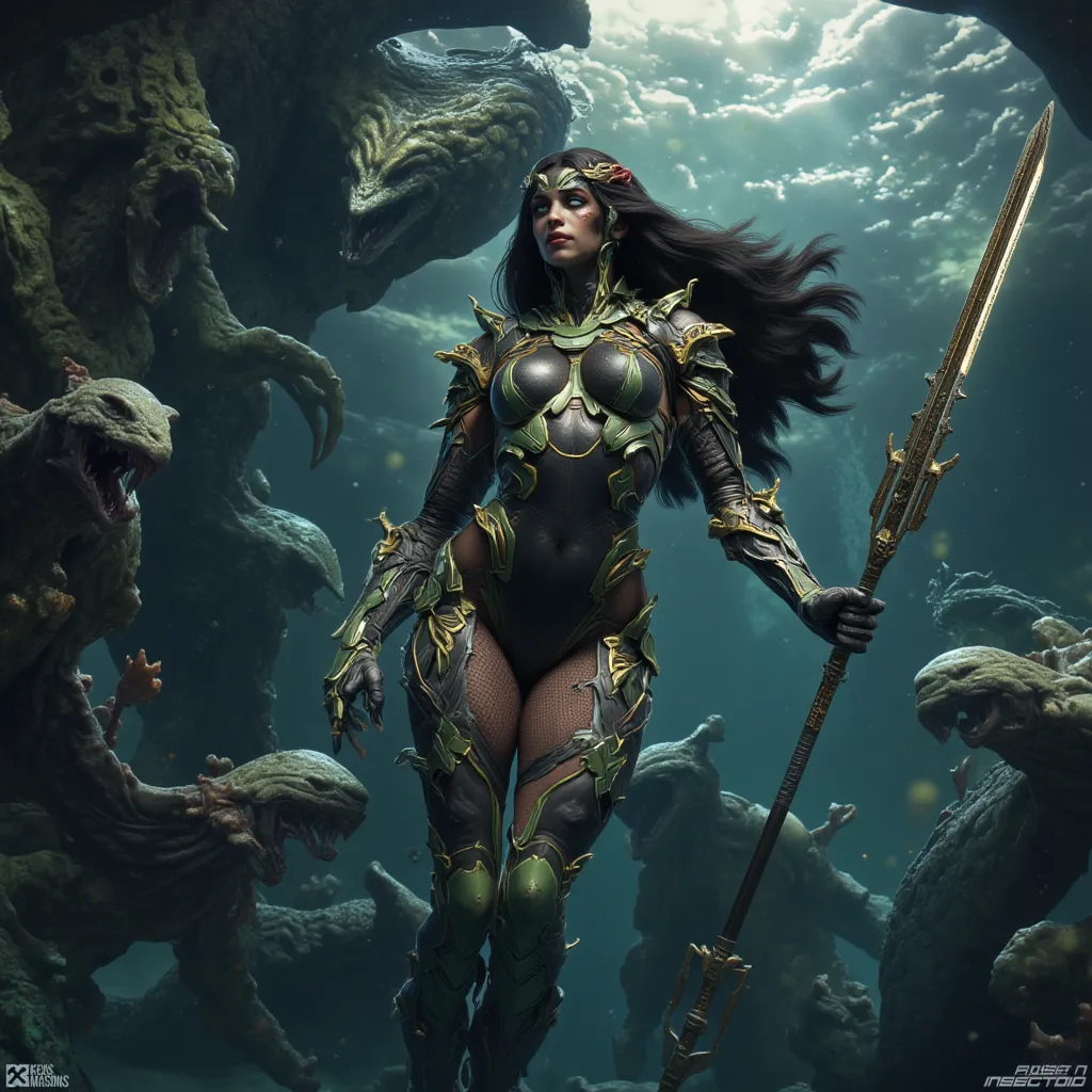 - Main Character, Adult Female "El Salvador", Beautiful, Tall, Long Legs, Long Curly Hair, Brownish Black.

- Wearing a costume ("Full Sexy Armor").
Chest and Thigh Armor are slightly open.
Futuristic Costume Design, Detailed sea creature scales are clearl...