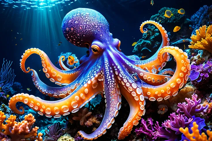 A highly detailed and colorful octopus with intricate textures and bioluminescent patterns is surrounded by an enchanting underwater world filled with vibrant corals and blooming flowers. Illuminated with soft and mysterious lighting, it creates a dreamlik...
