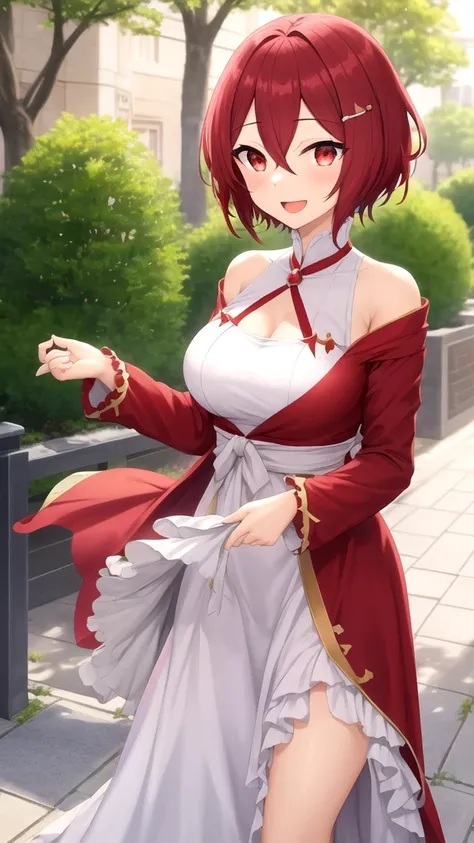 masterpiece, best quality, high quality, girl, solo, looking at viewer, kakeru_sengoku, red eyes, red hair, hair between eyes, short hair, large breasts, princess connect Re:Dive cosplay, princess Dress, standing, smile, open mouth, outdoors 