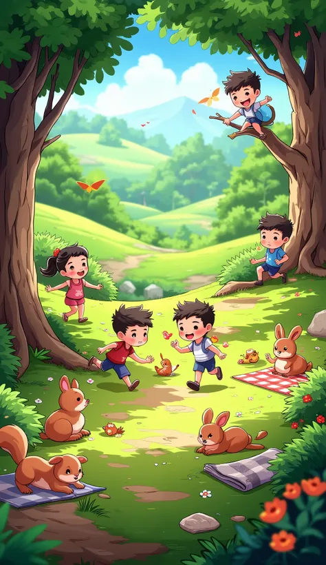 Create a vibrant, highly detailed cartoon-style forest scene full of playful energy. The setting includes rolling green hills, lush grass, trees, and colorful bushes. The image is crowded with cheerful ren playing with adorable woodland animals like rabbit...