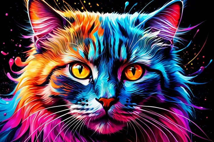 A stunning digital painting of a cat with vibrant, multicolored fur. The cat's fur is composed of bright blue, red, orange, pink, and purple hues, blending seamlessly in a dynamic and energetic style. The background is dark, making the neon-like colors pop...
