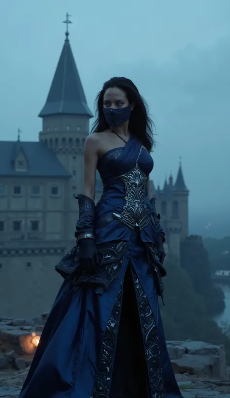  Here's an epic description of  **Angelina Jolie como **,  with her blue mask and a dark castle in the background : --- ### **Angelina Jolie como  – A Princesa Sombria de Edenia** 👑⚔️🔵 No topo das muralhas de um ** ancient castle **,  bathed in the pale li...