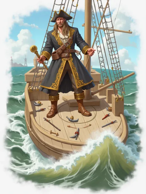 In a medieval art style, Make a pirate captain 