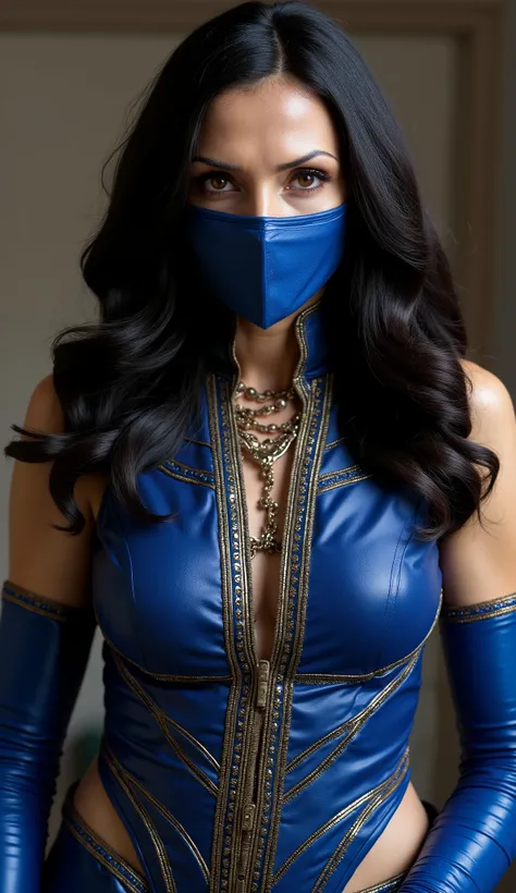  Famke Janssen as Kitana with her Blue mask would be an impressive fusion of grace and strength. Imagine Famke,  with their majestic and serene bearing ,  using the blue mask that only highlights her presence . Your hair, dark and fluid ,  falls elegantly ...