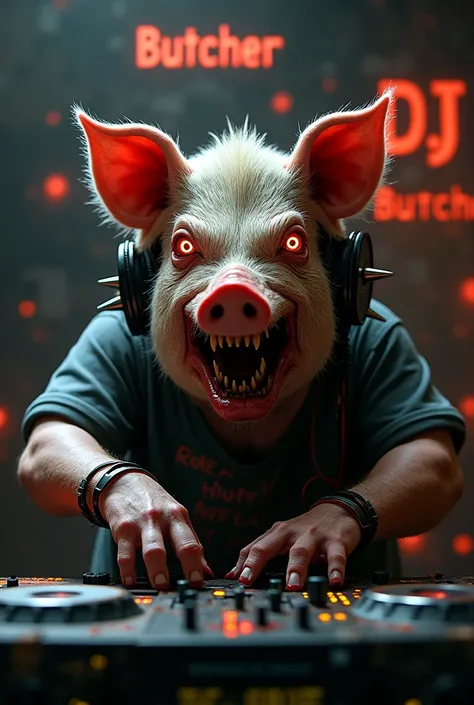 Brutal  PSYCHO dj pig with headphones and red eye .napisem na konsoli DJ BUTCHER
