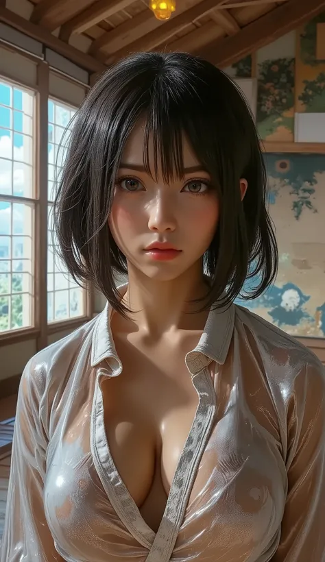 （（ big breasted))、((( front open shirt))、(((Empty-handed)))、(  black hair)、(blunt bangs)、( short hair)、( wet hair)、(Women&#39;s Karate)、(( sweaty))、( Glowing Skin )、((Serious))、(( blanking))、(((Karate Dojo)))、((Delicate Paintings ))，( Masterpiece elaborate...