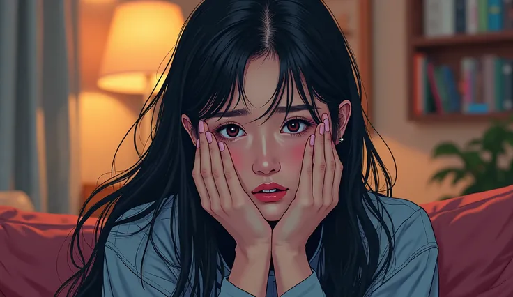  A 24-year-old Oriental woman with long hair in a living room environment  , sad, Put your hands on your face,  long hair 2D style comic pop art image with a worried expression that has been immersed in her thinking for years in a living room environment:9