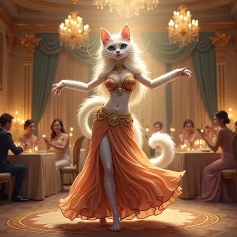 Create a digital illustration of a slender, fluffy white cat with an elegant figure, dressed in an intricate Arabian-style belly dancer costume adorned with shimmering gold accents and flowing details. She is gracefully performing a mesmerizing belly dance...