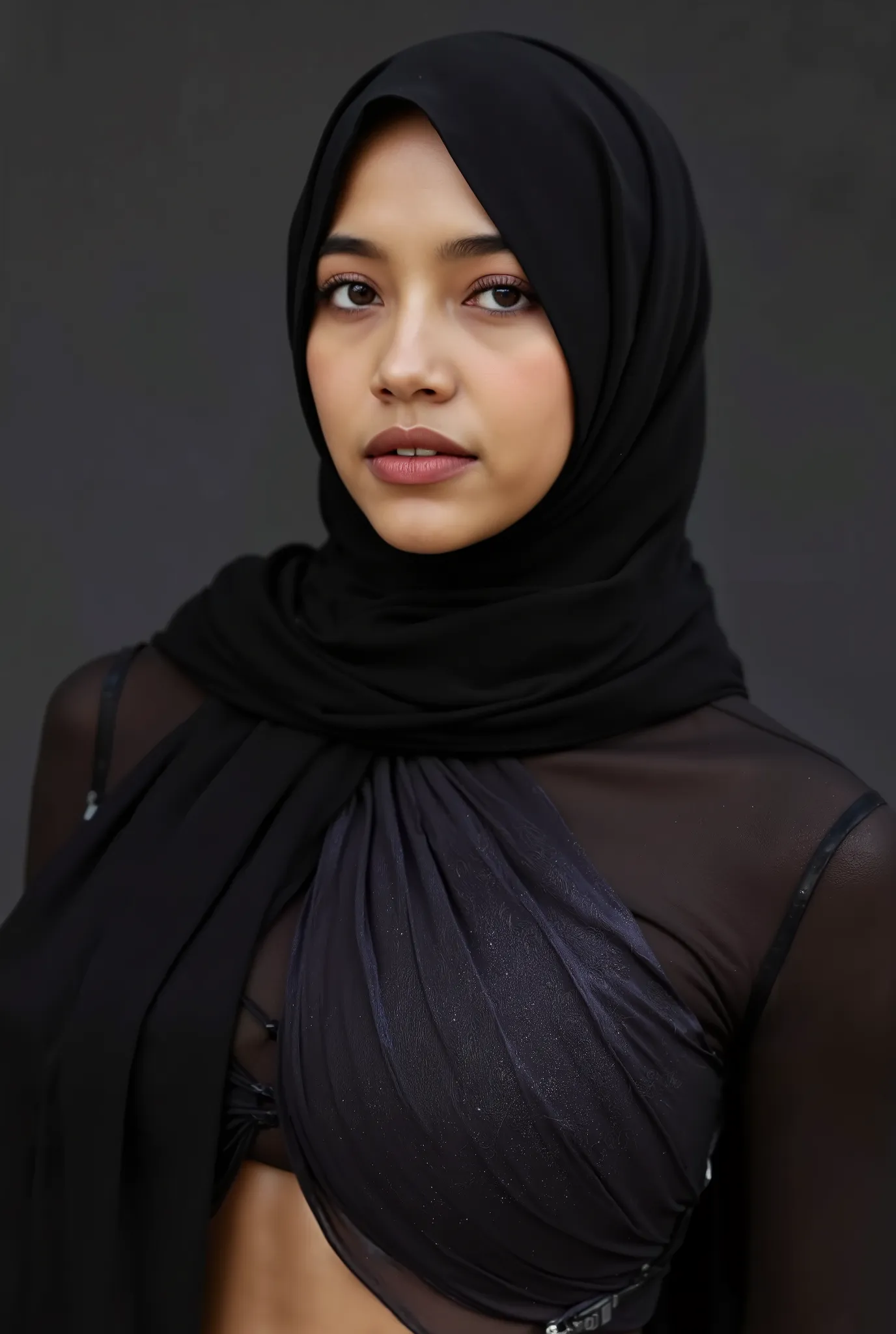 malaysian lady 18 years old, pale face,((hijab)) wear black head scarf, natural, no make up, detailed on face, vogue photo shoot, vogue dress, busty body, realistic photo, serious face, model, full body, standing pose, ultra big breast, exotic skin, potrai...