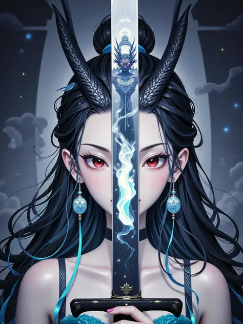 Aorun, 1girl, masterpiece, ultimate detailed, tiny finnest details, Fierce japanese female warrior is holding a reflective shiny (katana:1.3) in front of her face, (an ancient mythical Japanese demon is reflected in the katana blade:1.6),anime style, 4k, c...