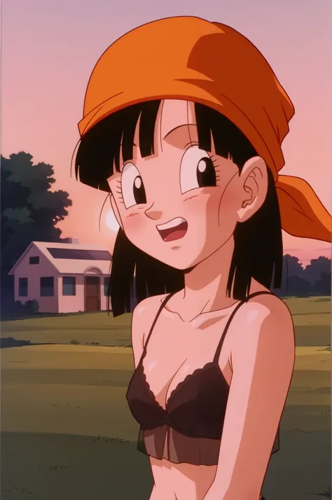 source_anime, score_9, score_8_up, score_7_up, anime screencap, pangt, 1girl, bangs, blushing, sexy face, grass, black hair, sunset, Watching the sunset, beach in open sea sunset, sun, collarbone, whole body, teeth, blunt bangs, outdoors, black eyes, eyela...