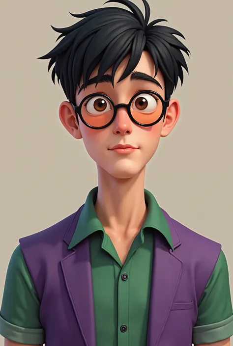 A man of about 19 years old, But without muscles black hair and brown eyes...wearing a green t-shirt with a purple vest and rose-grade glasses