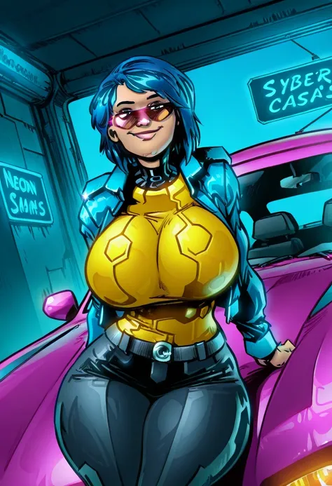 NavarroCabreraXL, 
1girl, sitting inside a car, cyberpunk clothes, multicolored clothes, jacket, sunglasses, blue hair, pants, curvy, huge breasts, narrow waist, wide hips, thick thighs, neon lights, looking at viewer, cowboy shot, dynamic pose, smile, cut...