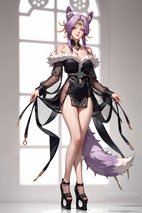 （ stands，whole body:1.7),ruanyi1038 ,black dress,fishnets dress,long sleeves,see-through,short dress,
,HoleHeels，Hole platform/ oval/ Circle Heels，Heels ，Xiwangmu , queen dress, Pink eyes, purple hair, animal ear, jewelry,bare shoulder,  fur trim, fox tail