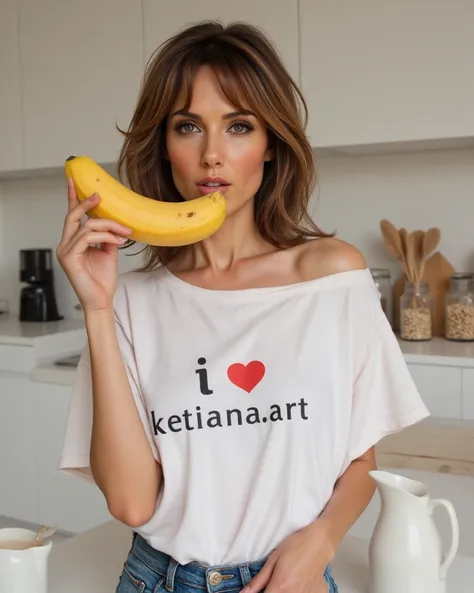 a gorgeous alluring sexy face Woman draped with oversized white t-shirt with the letter "I ❤️ ketikan.art" on it, with curious face, passionately holding (((one))) enormous size of peeled ripe banana, preparing to make breakfast, a pitcher of milk, a big c...