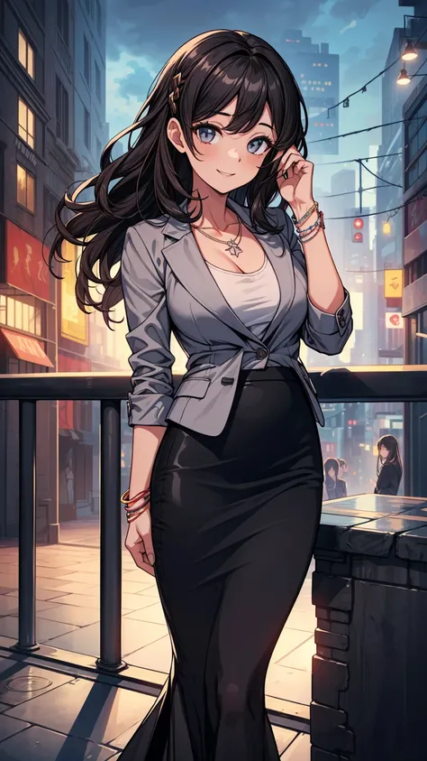 ((masterpiece, best quality:1.3, high detail)), beautiful business woman, smile, long wavy hair, (dark hair), hairpin, bright eyes, (gray blazer), (black pencil ((skirt)), ((long skirt:1.3)), necklace, bracelets, collarbone, heels, (lower body), city backd...